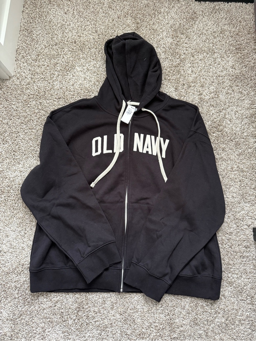 Old Navy Black Hoodie with White Logo and Drawstrings